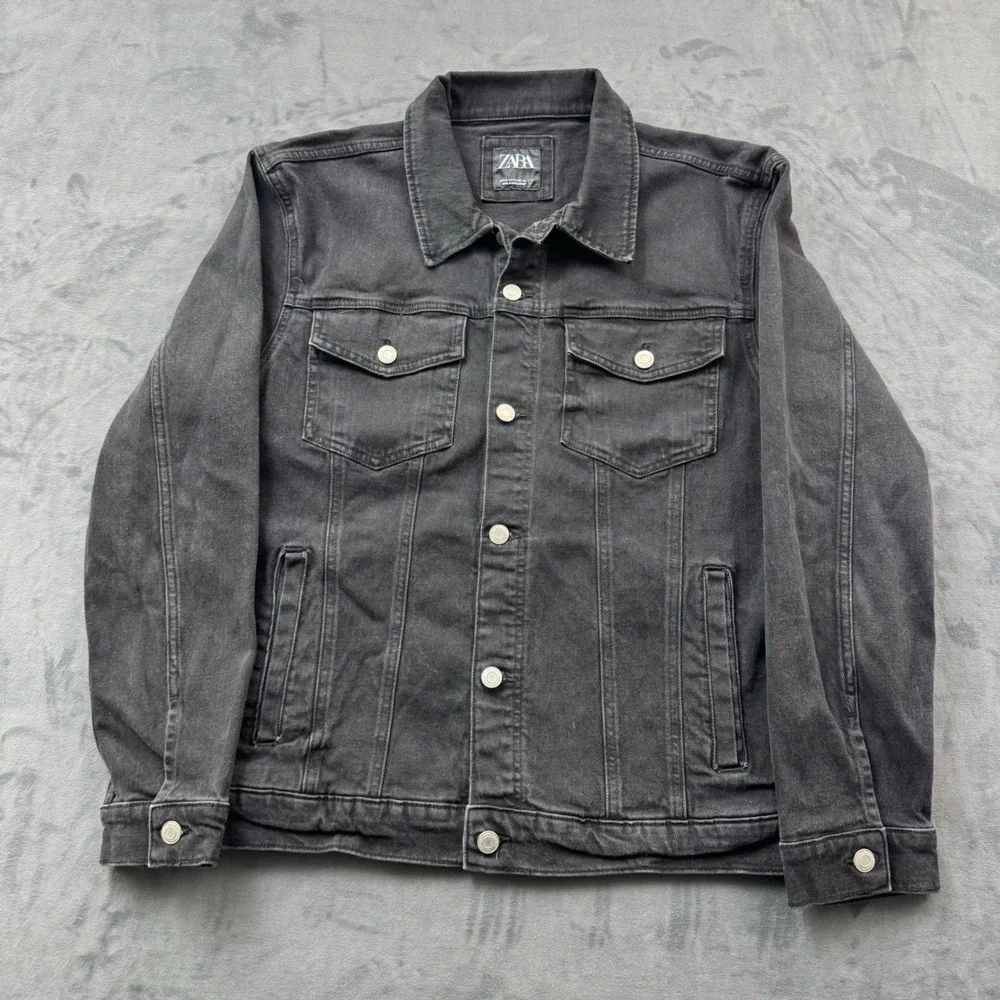 Zara Mens Black Washed Denim Trucker Jacket Size XXL Faded Vintage Style